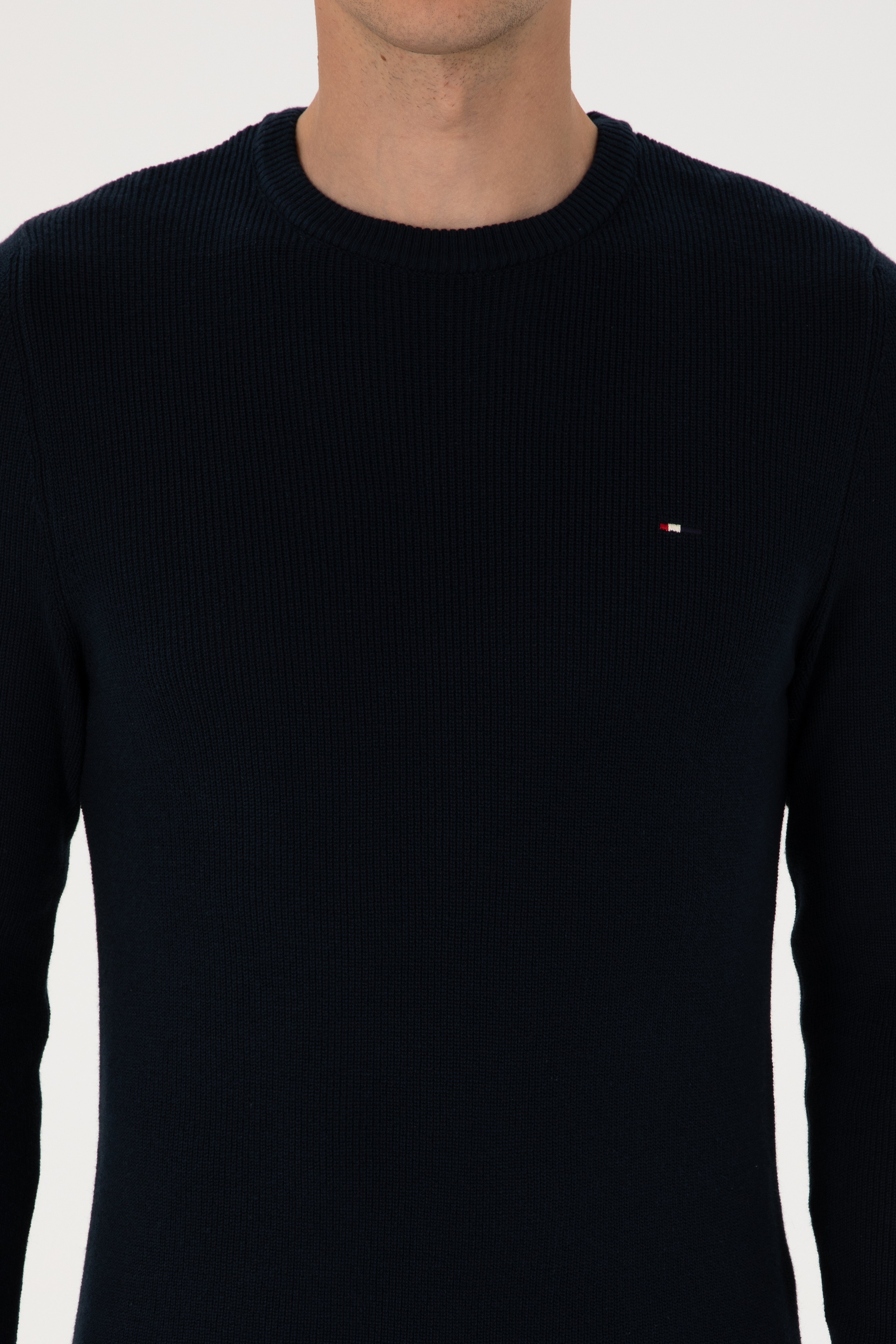 Erkek Slim Fit Bisiklet Yaka Lacivert Basic Kazak