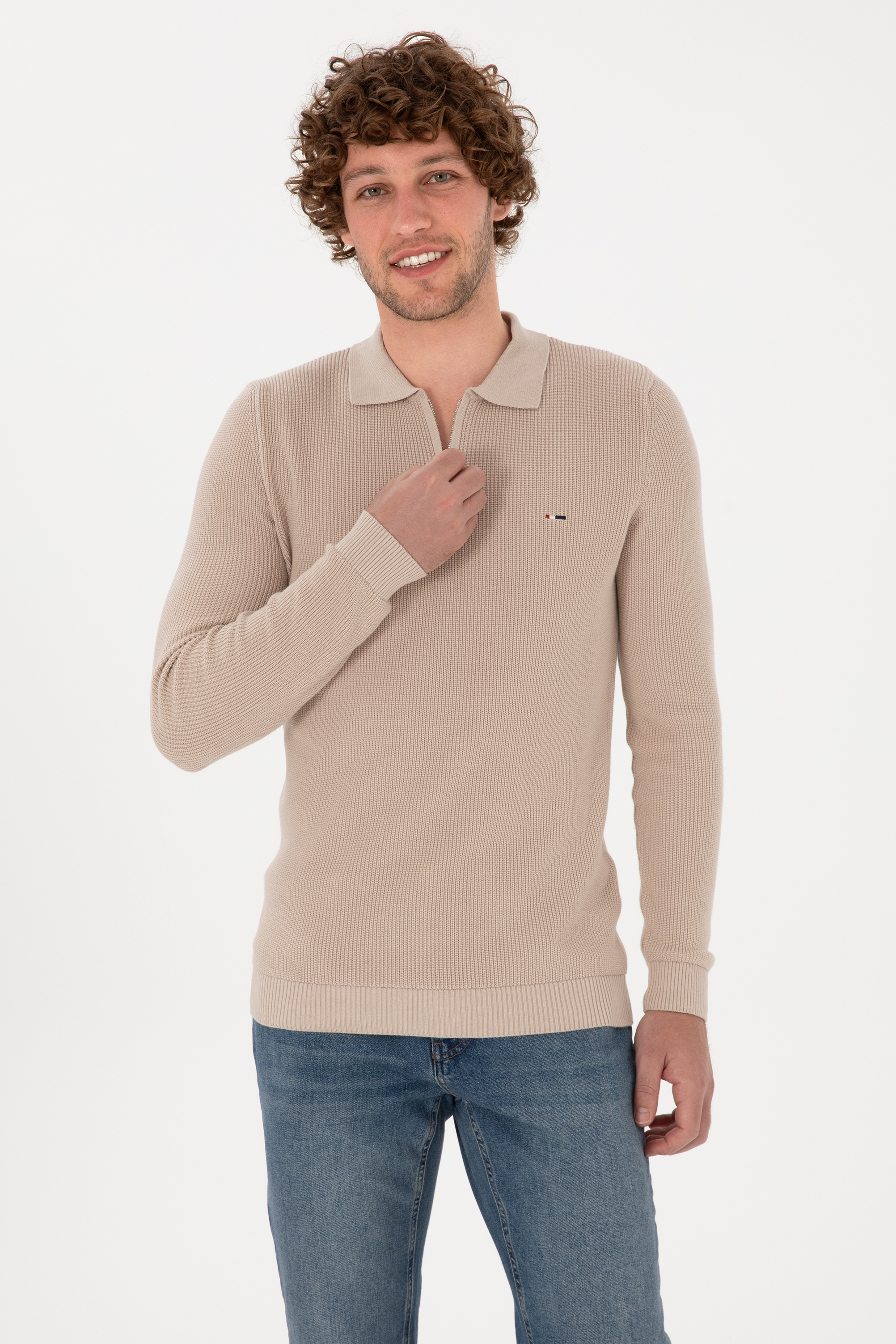 Erkek Regular Fit Yarım Fermuarlı Taş Basic Kazak - Image 3