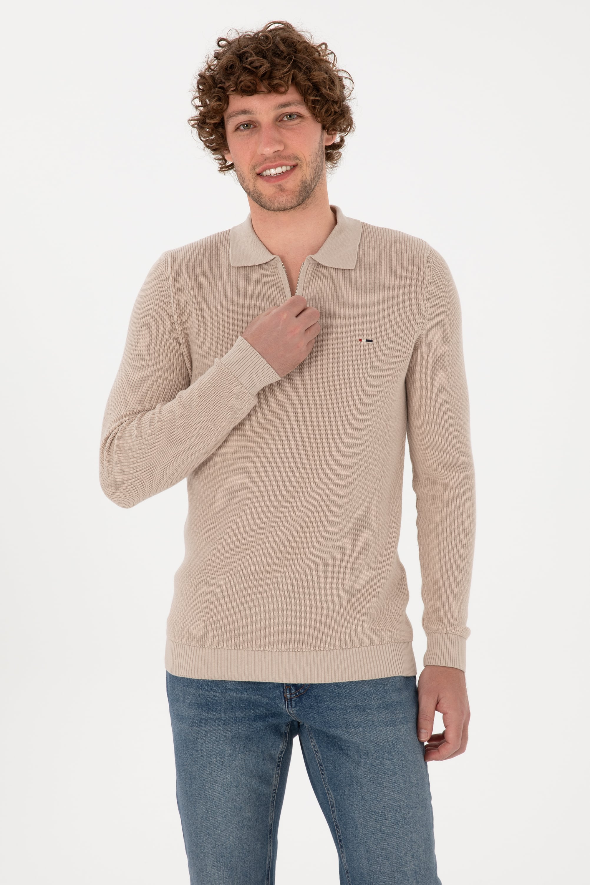 Erkek Regular Fit Yarım Fermuarlı Taş Basic Kazak