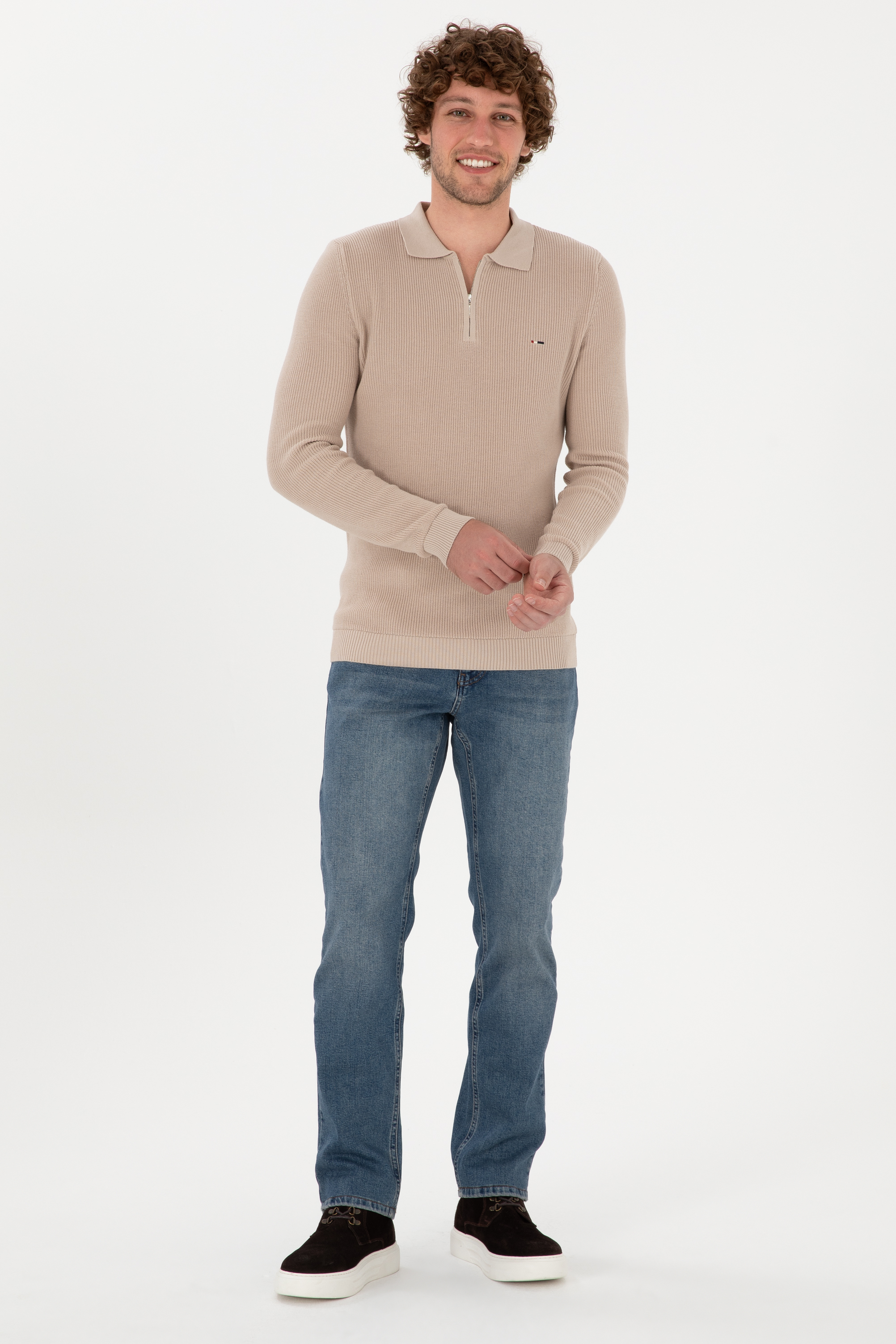 Erkek Regular Fit Yarım Fermuarlı Taş Basic Kazak - Image 4