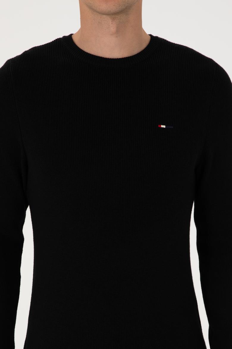 Erkek Slim Fit Bisiklet Yaka Siyah Basic Kazak - 50313667069