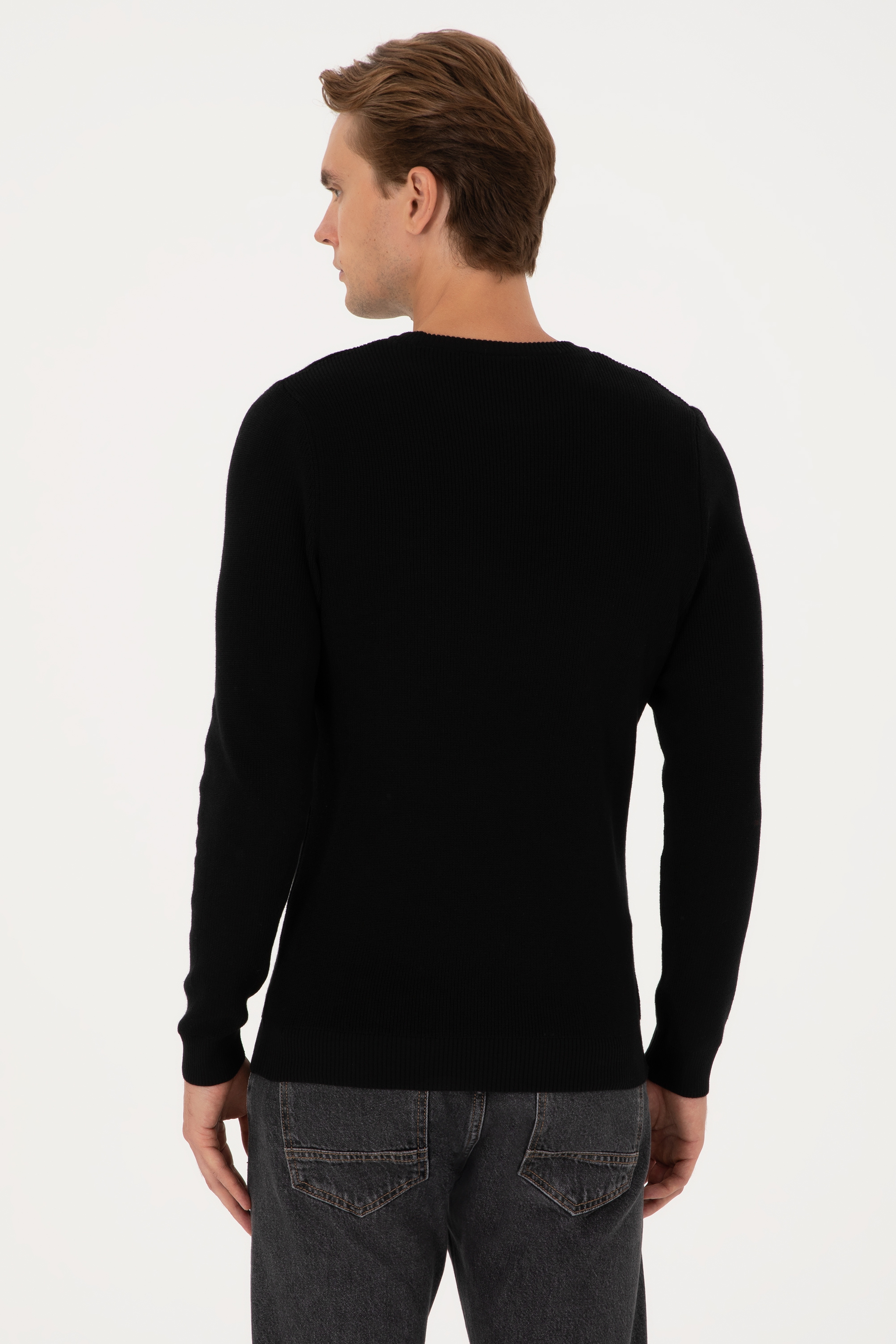 Erkek Slim Fit Bisiklet Yaka Siyah Basic Kazak