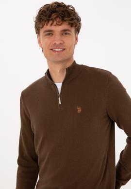 Erkek Slim Fit Yarım Fermuarlı Kahverengi Basic Kazak - 50313695083