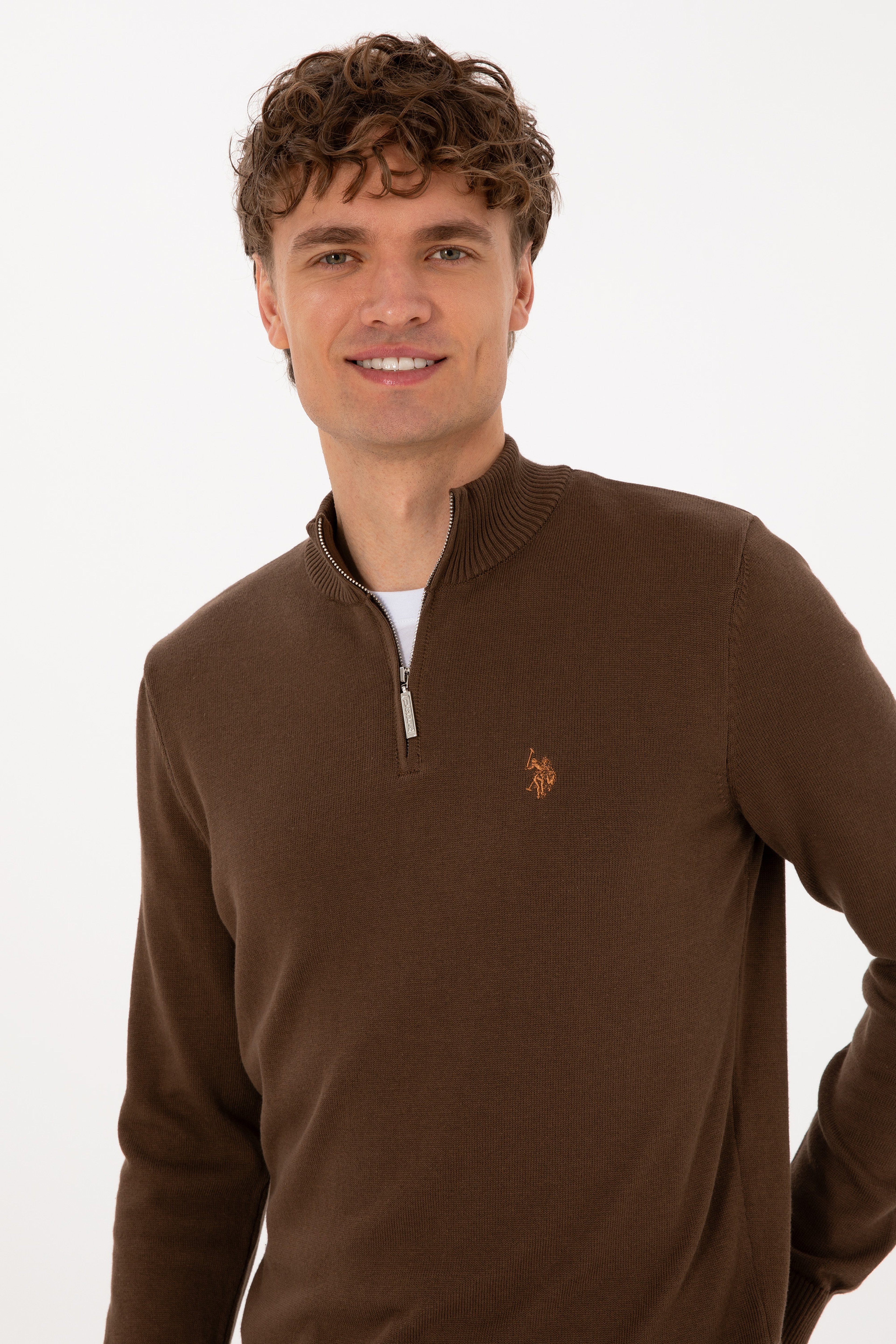 Erkek Slim Fit Yarım Fermuarlı Kahverengi Basic Kazak