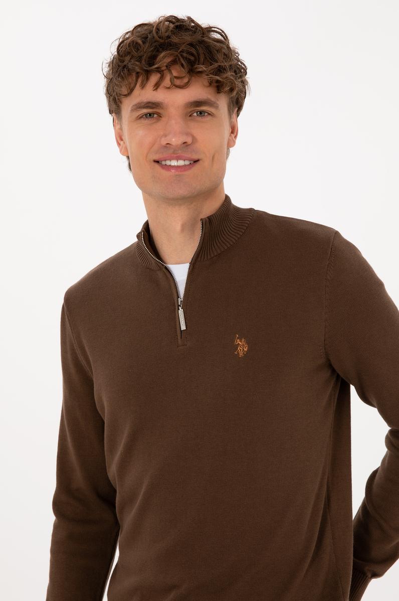 Erkek Slim Fit Yarım Fermuarlı Kahverengi Basic Kazak