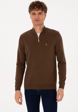 Erkek Slim Fit Yarım Fermuarlı Kahverengi Basic Kazak - 50313695083