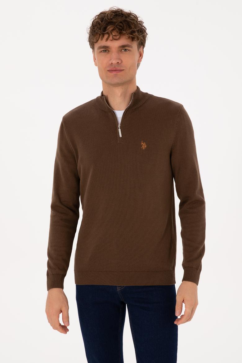 Erkek Slim Fit Yarım Fermuarlı Kahverengi Basic Kazak