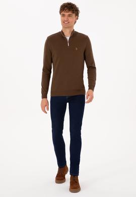 Erkek Slim Fit Yarım Fermuarlı Kahverengi Basic Kazak - 50313695083