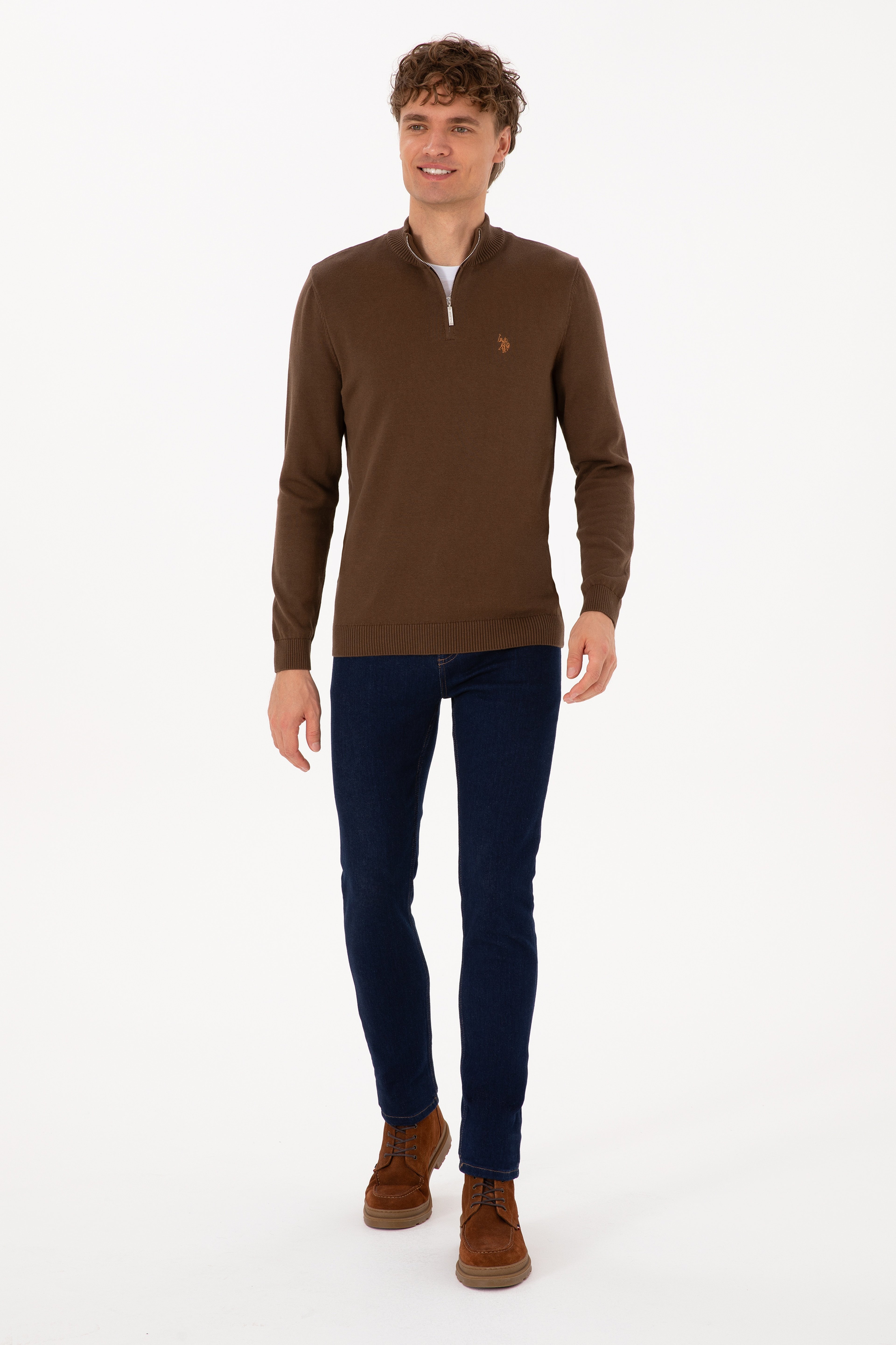 Erkek Slim Fit Yarım Fermuarlı Kahverengi Basic Kazak