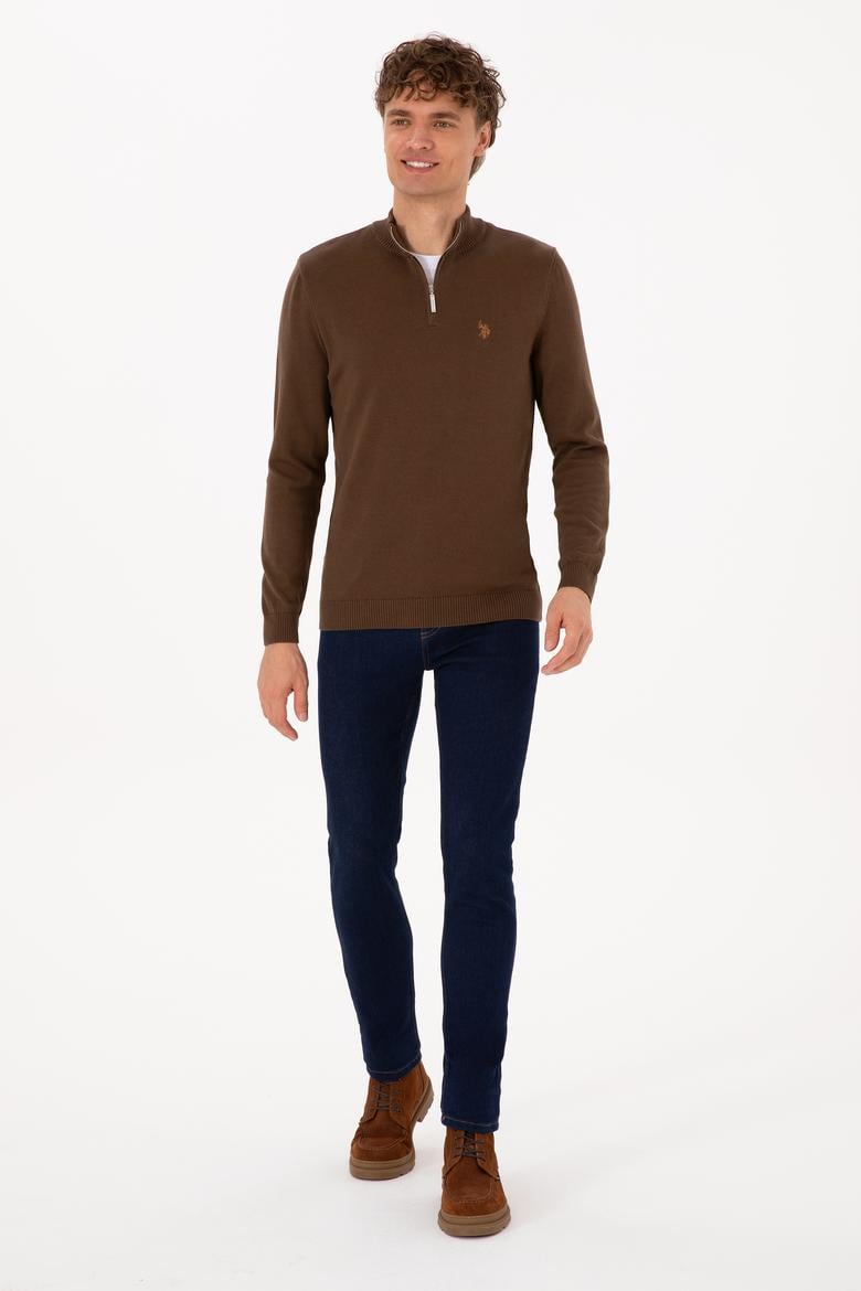 Erkek Slim Fit Yarım Fermuarlı Kahverengi Basic Kazak - 50313695083