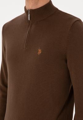 Erkek Slim Fit Yarım Fermuarlı Kahverengi Basic Kazak - 50313695083