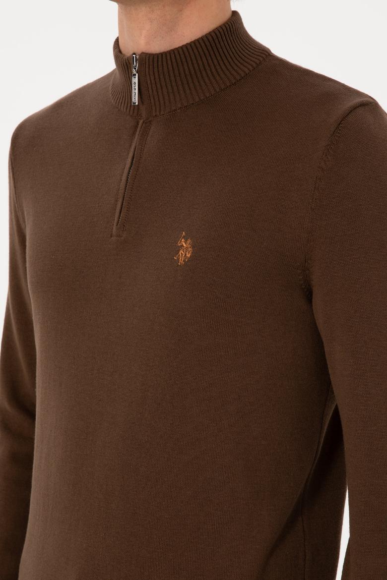 Erkek Slim Fit Yarım Fermuarlı Kahverengi Basic Kazak - 50313695083