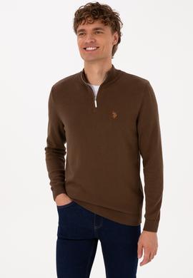 Erkek Slim Fit Yarım Fermuarlı Kahverengi Basic Kazak - 50313695083