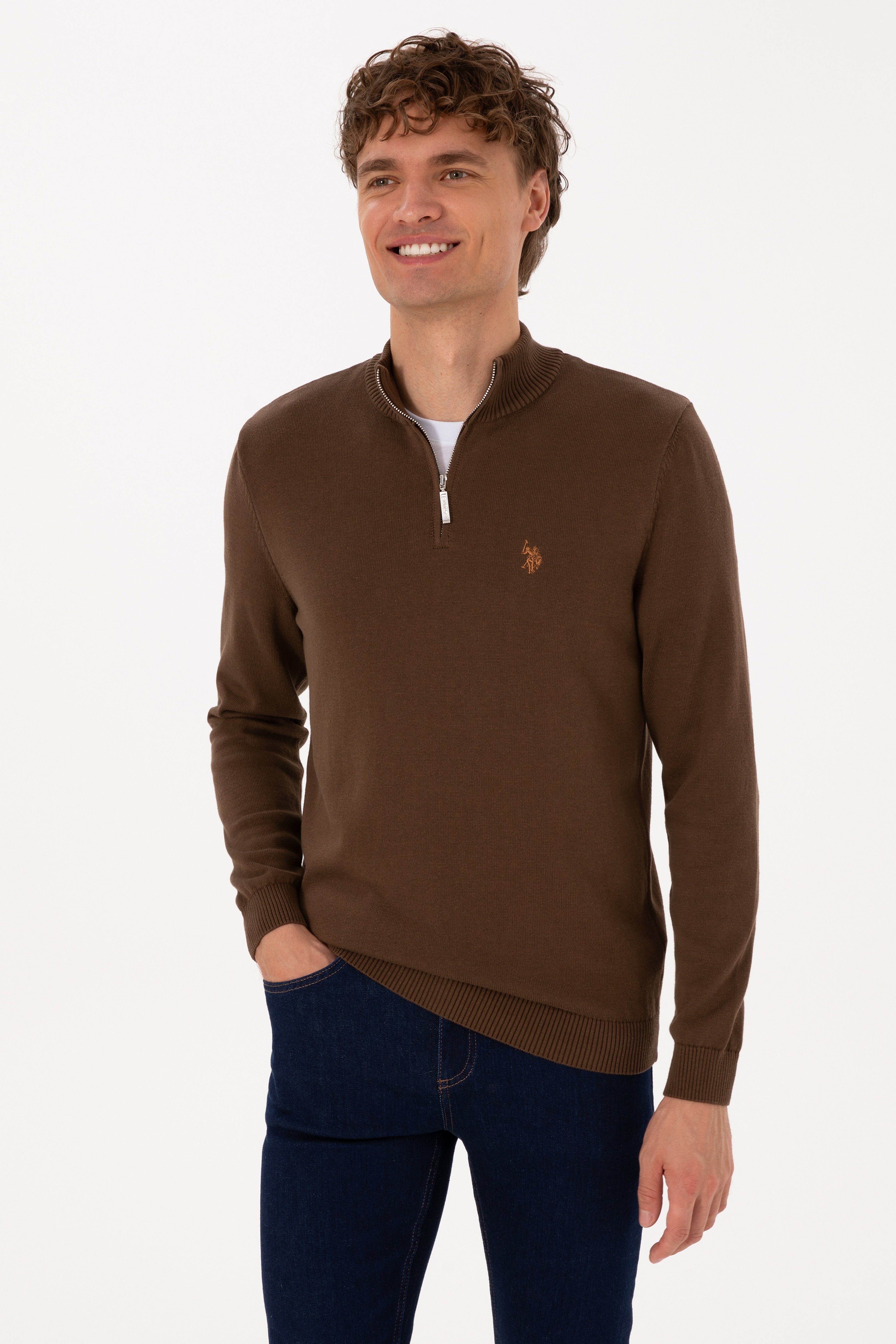 Erkek Slim Fit Yarım Fermuarlı Kahverengi Basic Kazak - Image 3