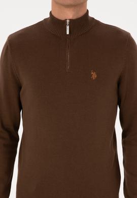 Erkek Slim Fit Yarım Fermuarlı Kahverengi Basic Kazak - 50313695083