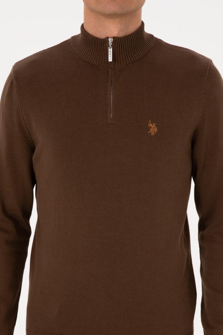 Erkek Slim Fit Yarım Fermuarlı Kahverengi Basic Kazak - 50313695083