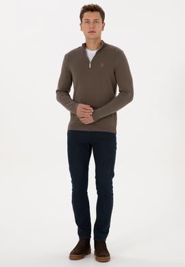 Erkek Slim Fit Yarım Fermuarlı Vizon Basic Kazak - 50313695056