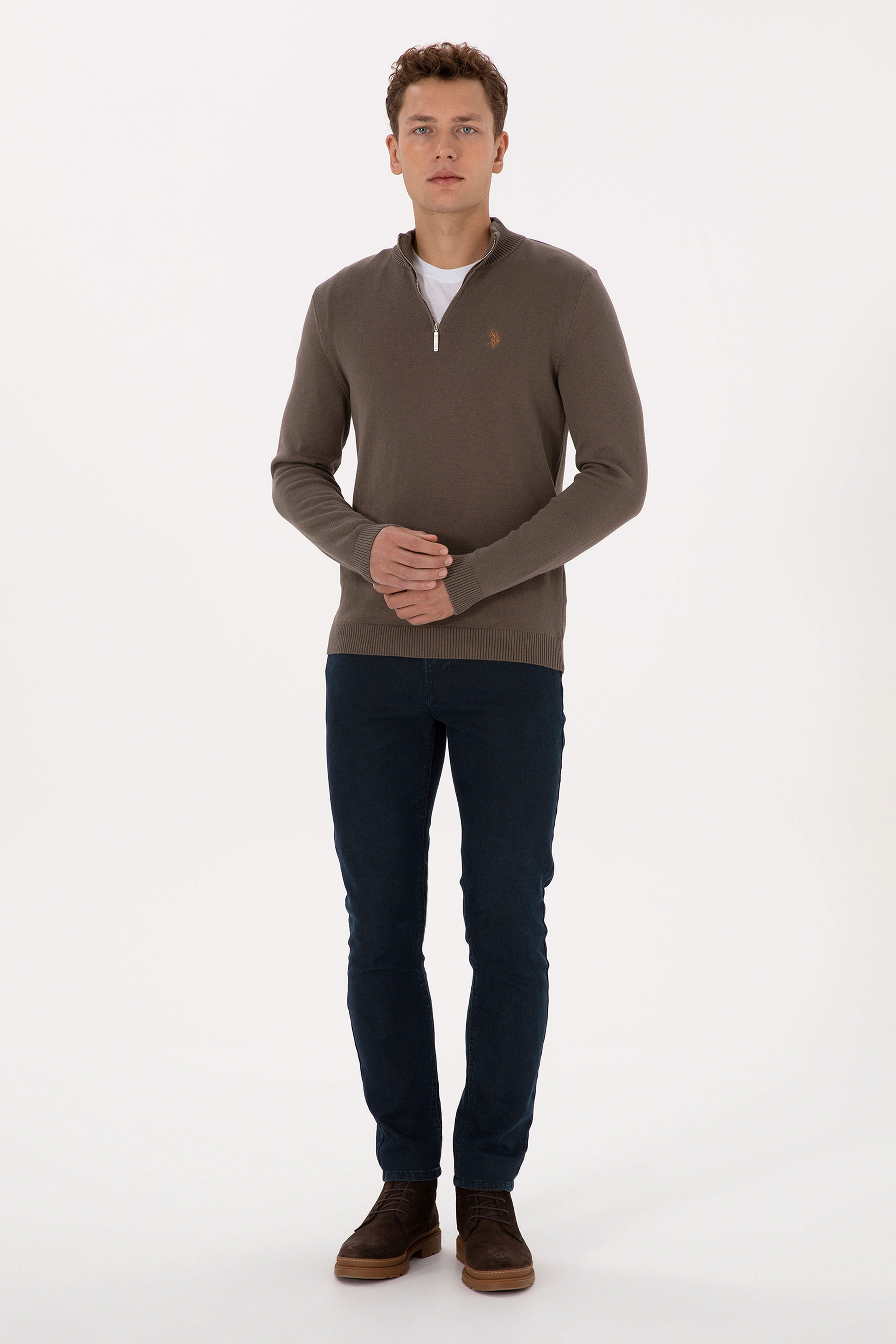 Erkek Slim Fit Yarım Fermuarlı Vizon Basic Kazak - Image 4