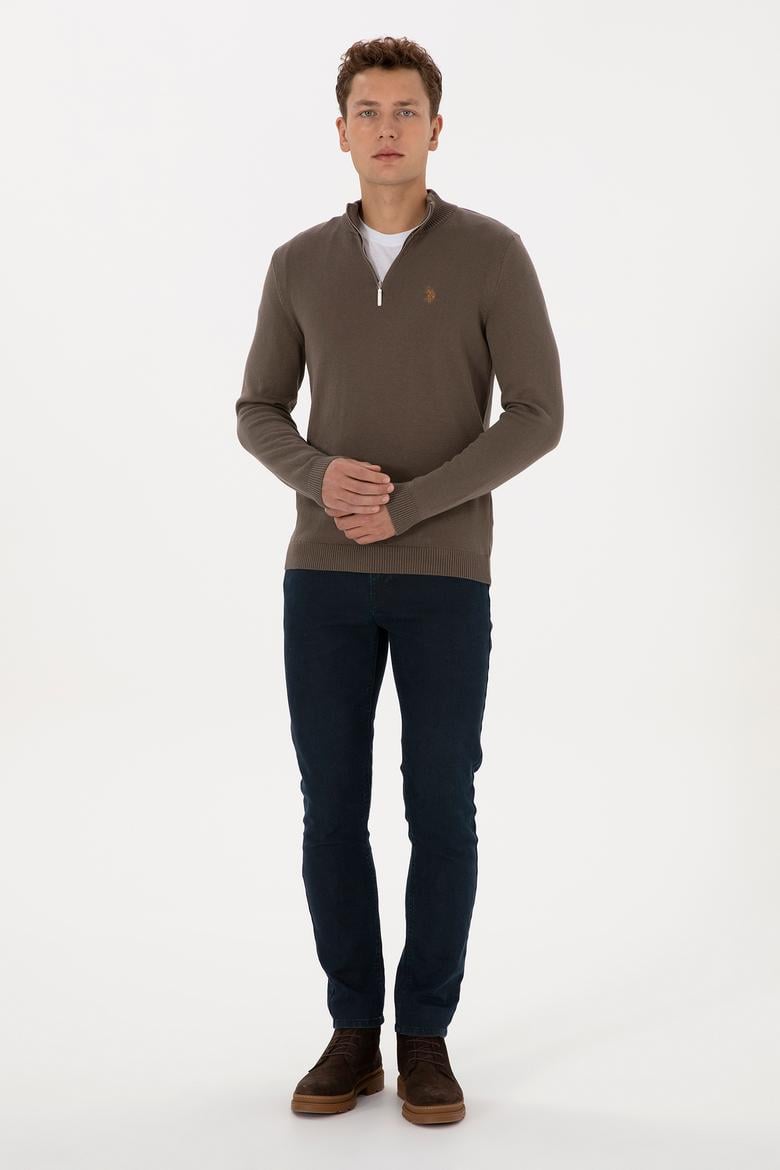 Erkek Slim Fit Yarım Fermuarlı Vizon Basic Kazak - 50313695056