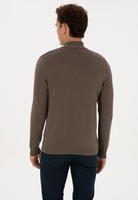 Erkek Slim Fit Yarım Fermuarlı Vizon Basic Kazak - 50313695056