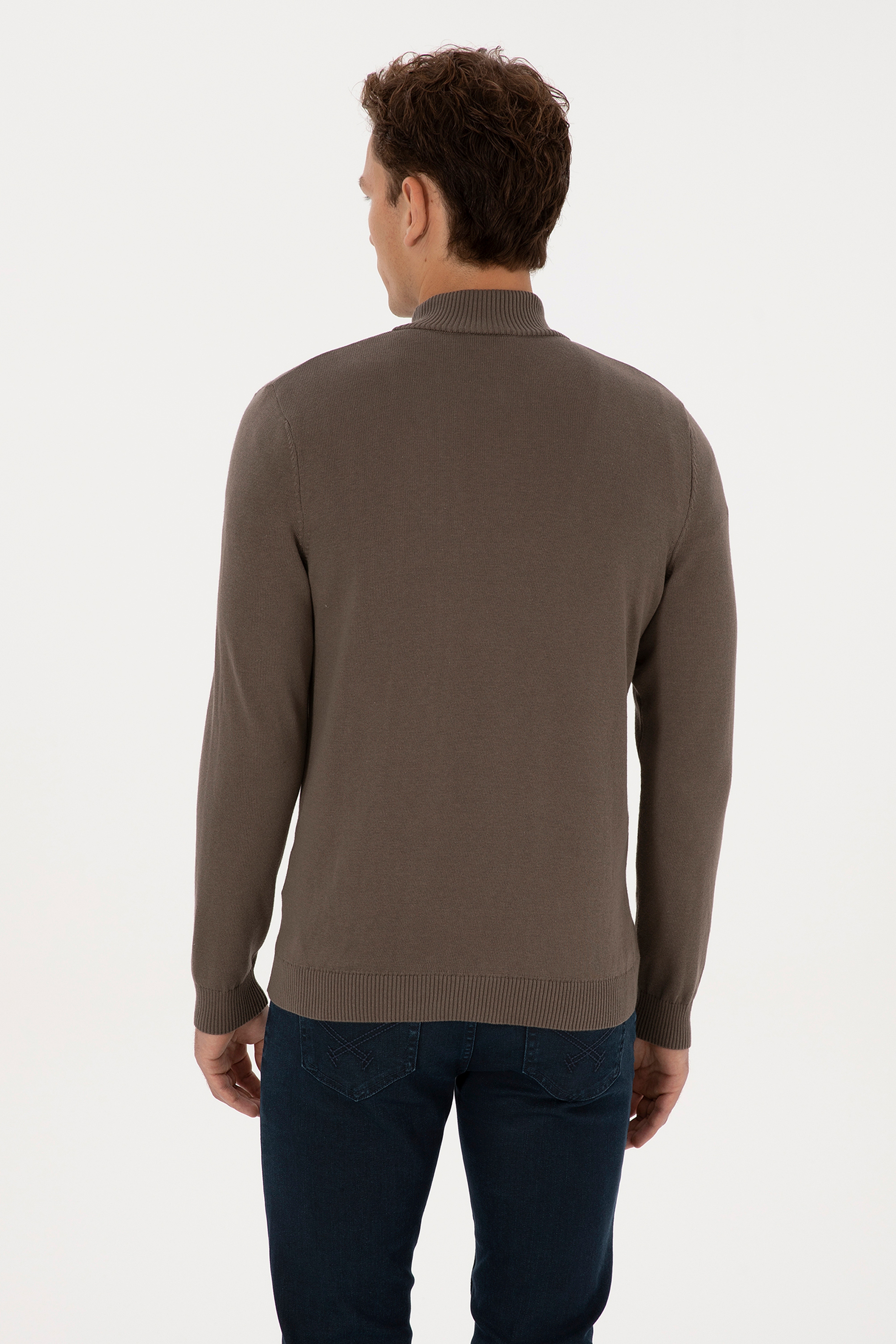 Erkek Slim Fit Yarım Fermuarlı Vizon Basic Kazak