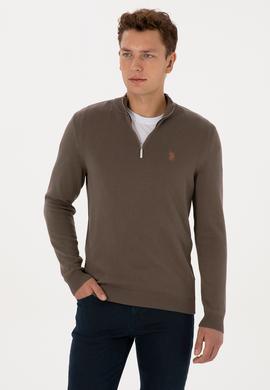 Erkek Slim Fit Yarım Fermuarlı Vizon Basic Kazak - 50313695056