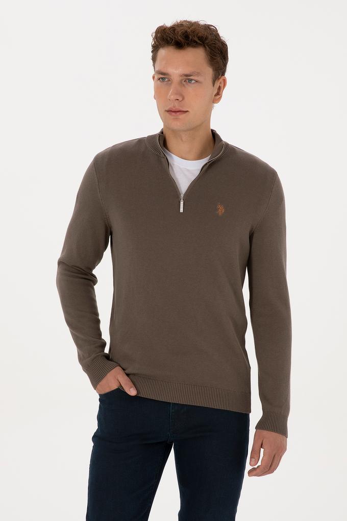 Erkek Slim Fit Yarım Fermuarlı Vizon Basic Kazak