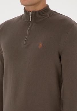 Erkek Slim Fit Yarım Fermuarlı Vizon Basic Kazak - 50313695056