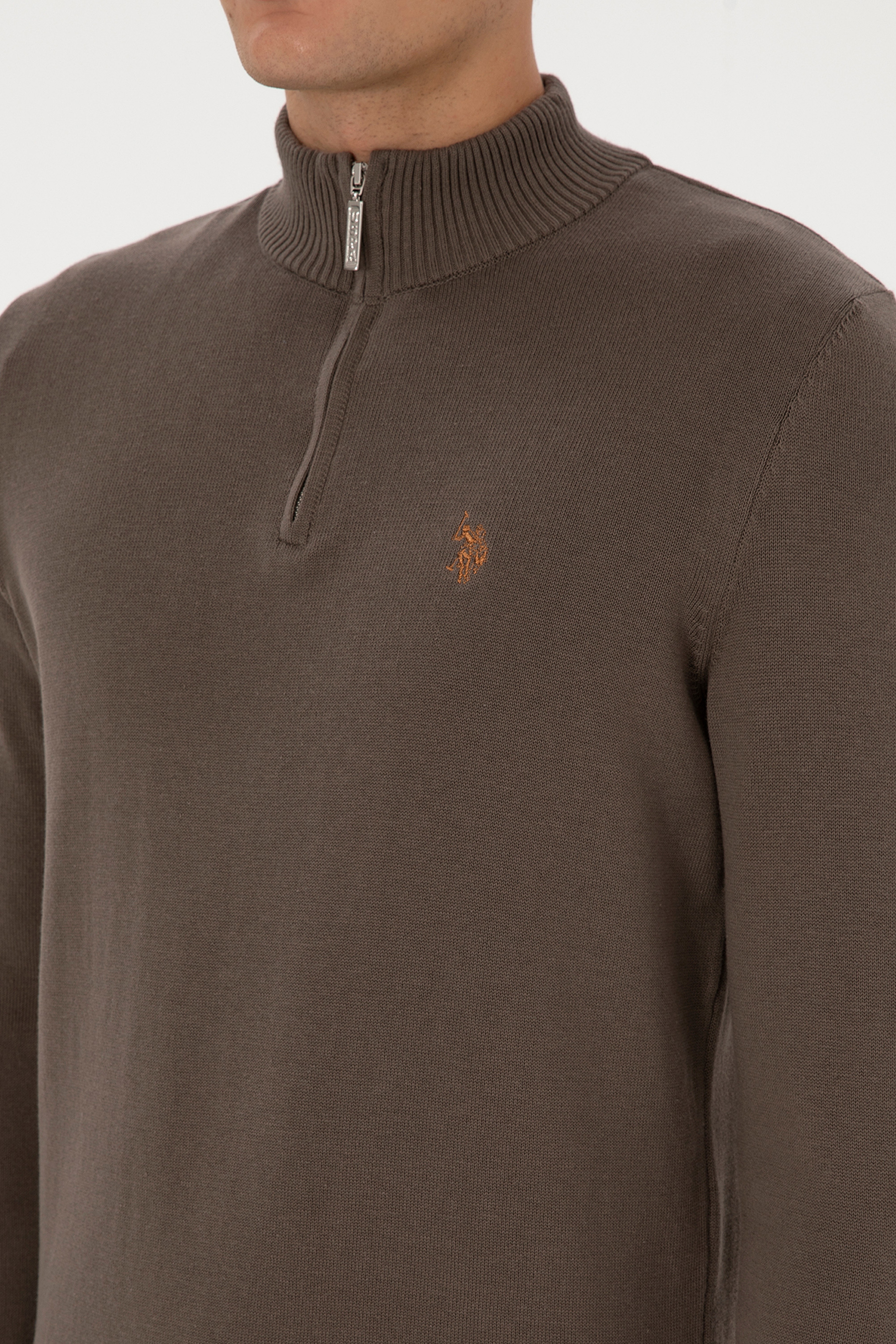 Erkek Slim Fit Yarım Fermuarlı Vizon Basic Kazak - Image 7