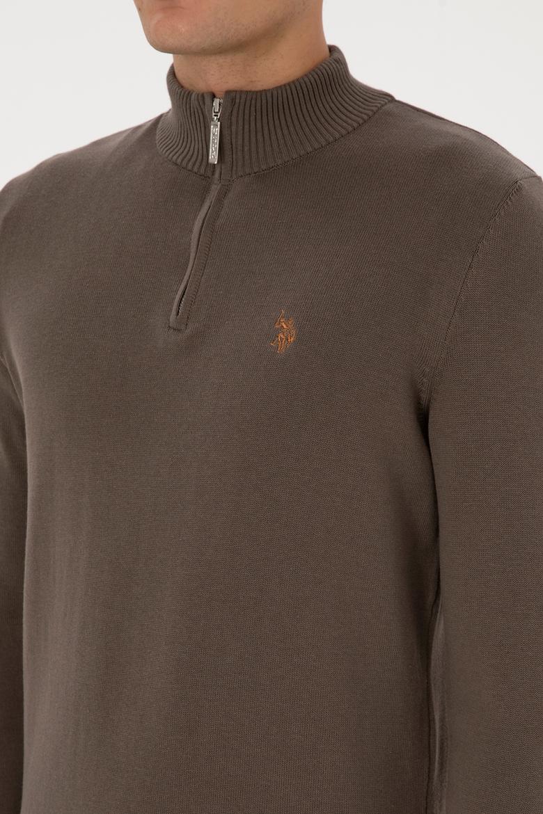 Erkek Slim Fit Yarım Fermuarlı Vizon Basic Kazak - 50313695056