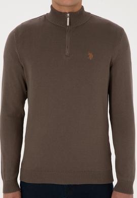 Erkek Slim Fit Yarım Fermuarlı Vizon Basic Kazak - 50313695056