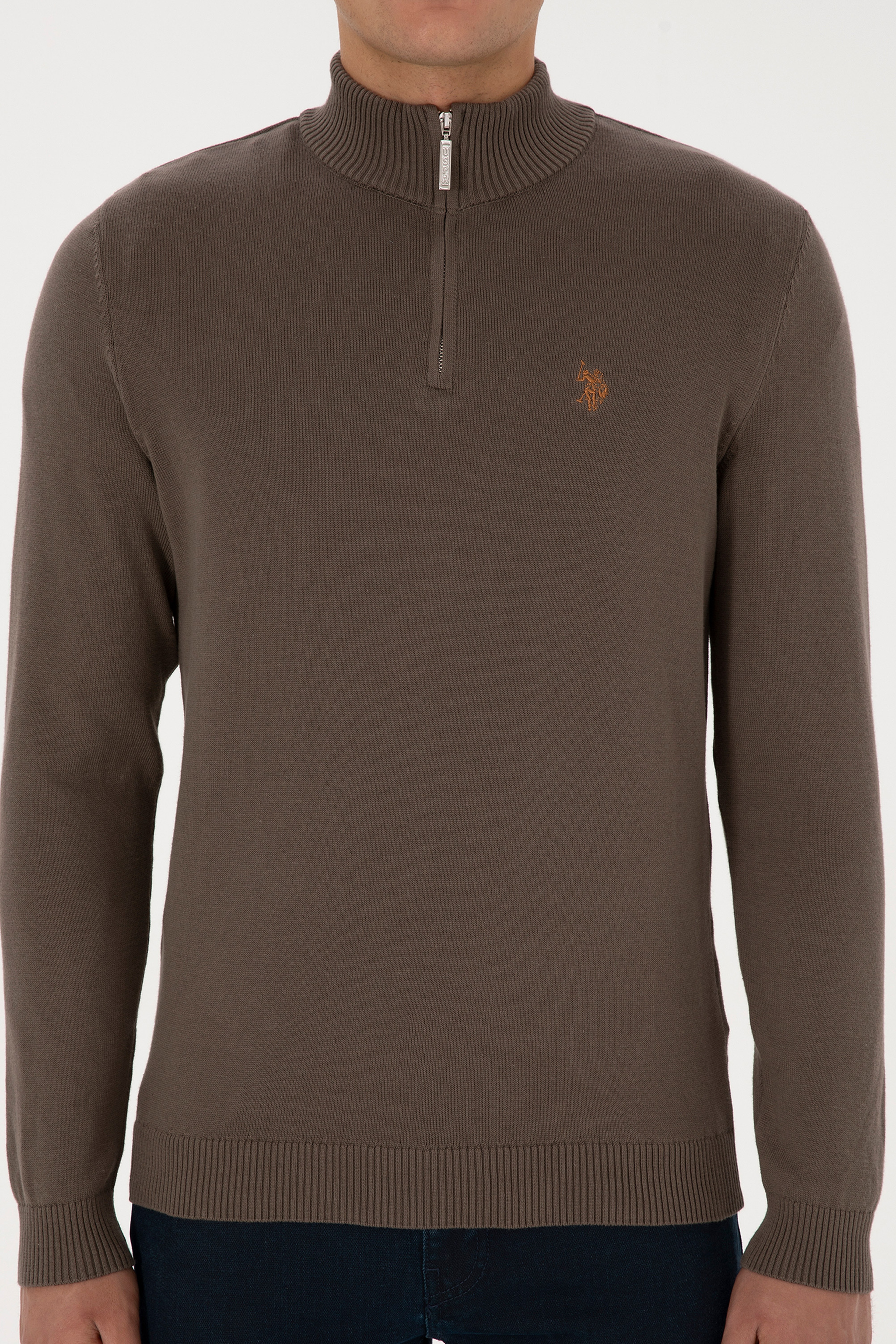 Erkek Slim Fit Yarım Fermuarlı Vizon Basic Kazak