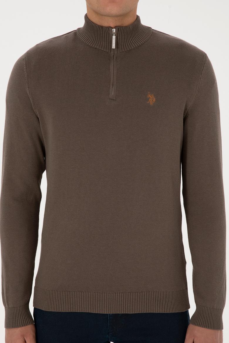 Erkek Slim Fit Yarım Fermuarlı Vizon Basic Kazak - 50313695056