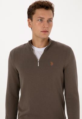 Erkek Slim Fit Yarım Fermuarlı Vizon Basic Kazak - 50313695056