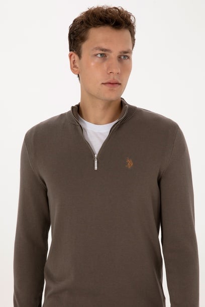 Erkek Slim Fit Yarım Fermuarlı Vizon Basic Kazak