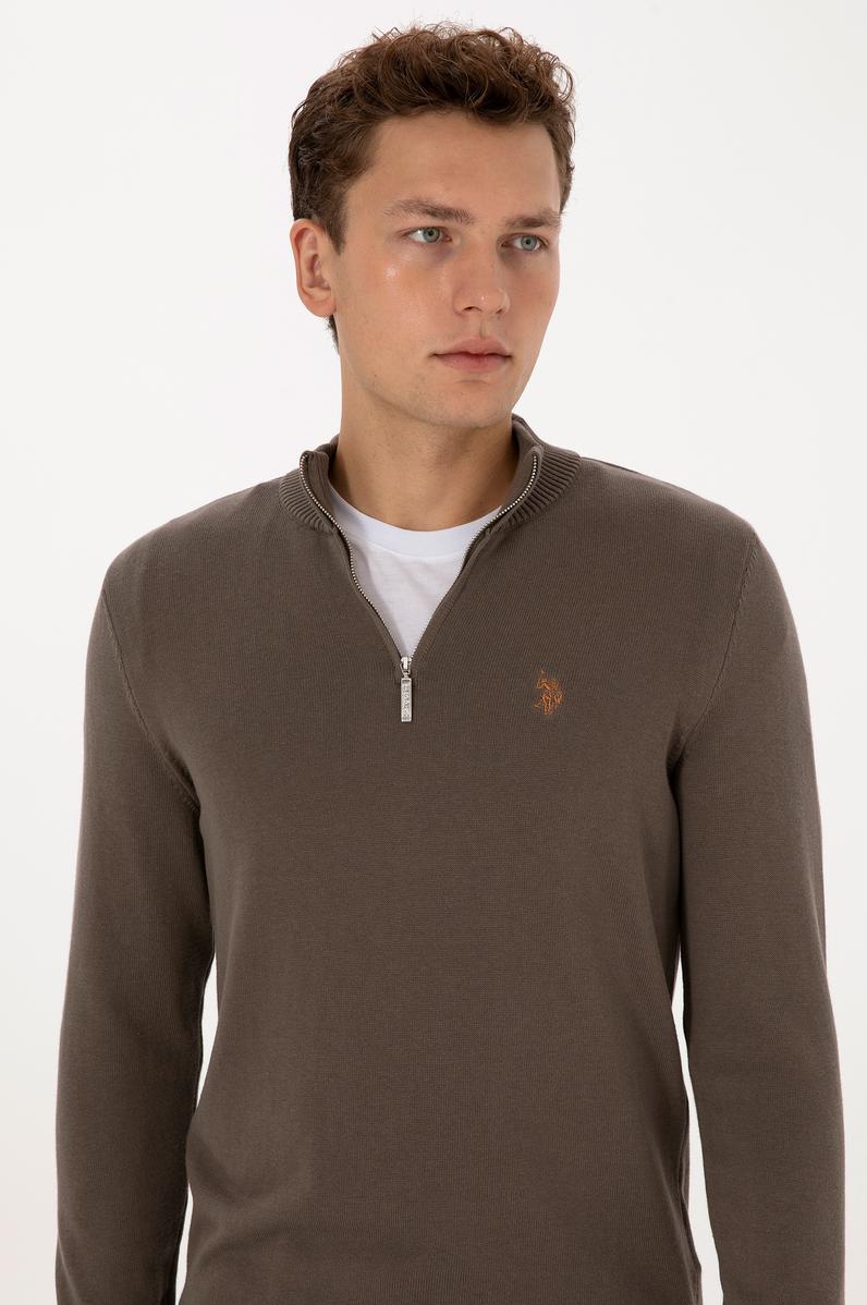 Erkek Slim Fit Yarım Fermuarlı Vizon Basic Kazak