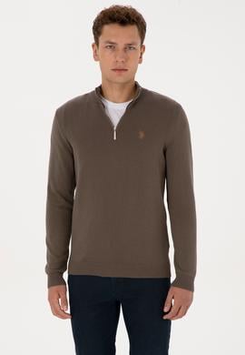 Erkek Slim Fit Yarım Fermuarlı Vizon Basic Kazak - 50313695056