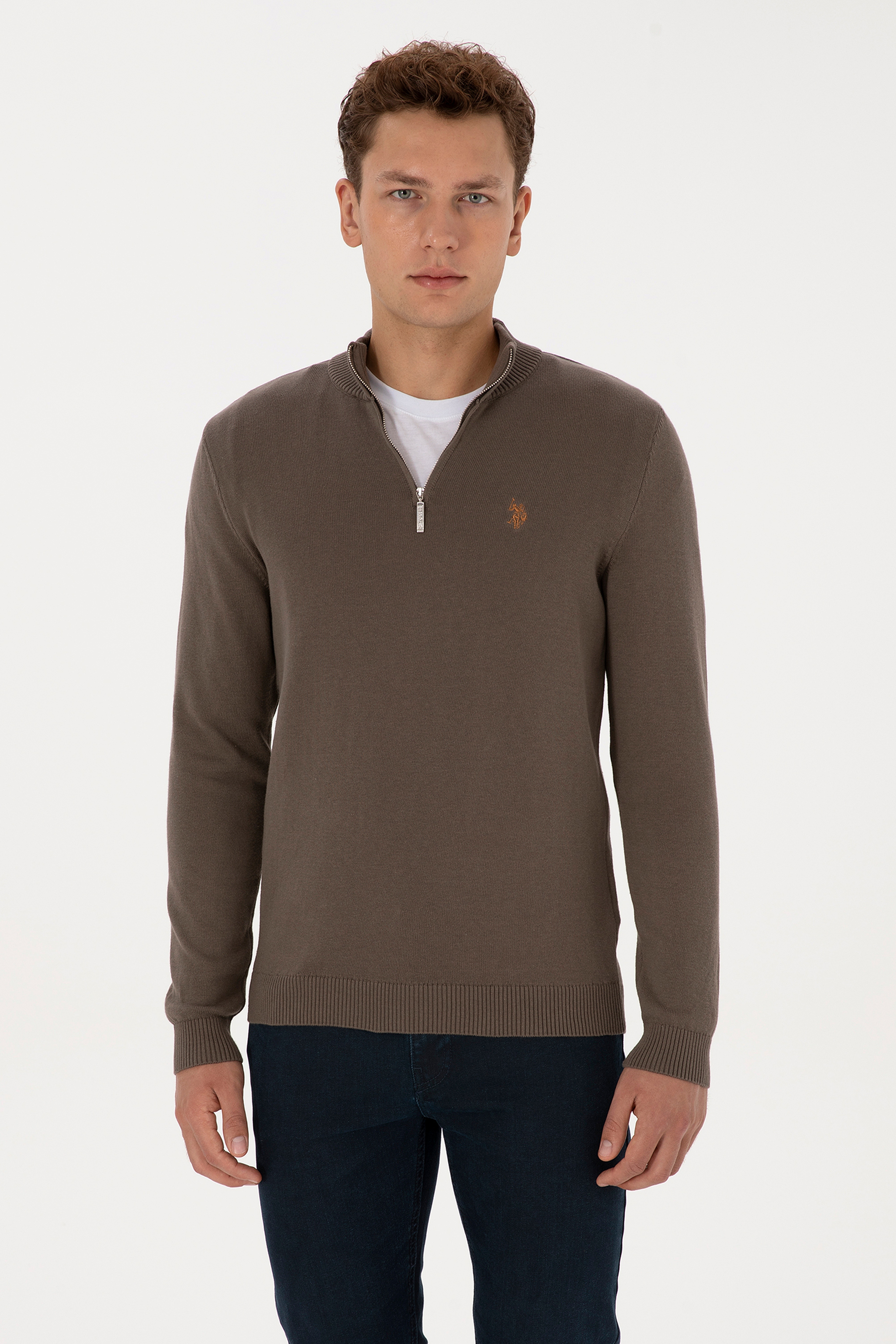 Erkek Slim Fit Yarım Fermuarlı Vizon Basic Kazak - Image 3
