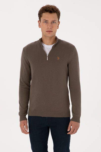 Erkek Slim Fit Yarım Fermuarlı Vizon Basic Kazak