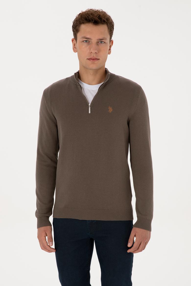 Erkek Slim Fit Yarım Fermuarlı Vizon Basic Kazak - 50313695056