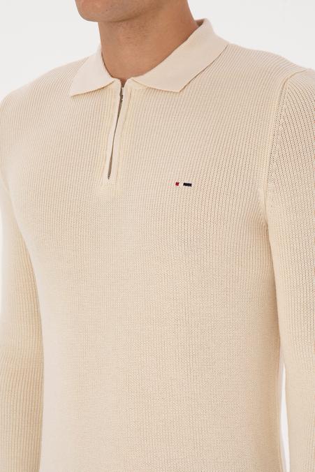 Erkek Regular Fit Yarım fermuarlı Krem Basic Kazak