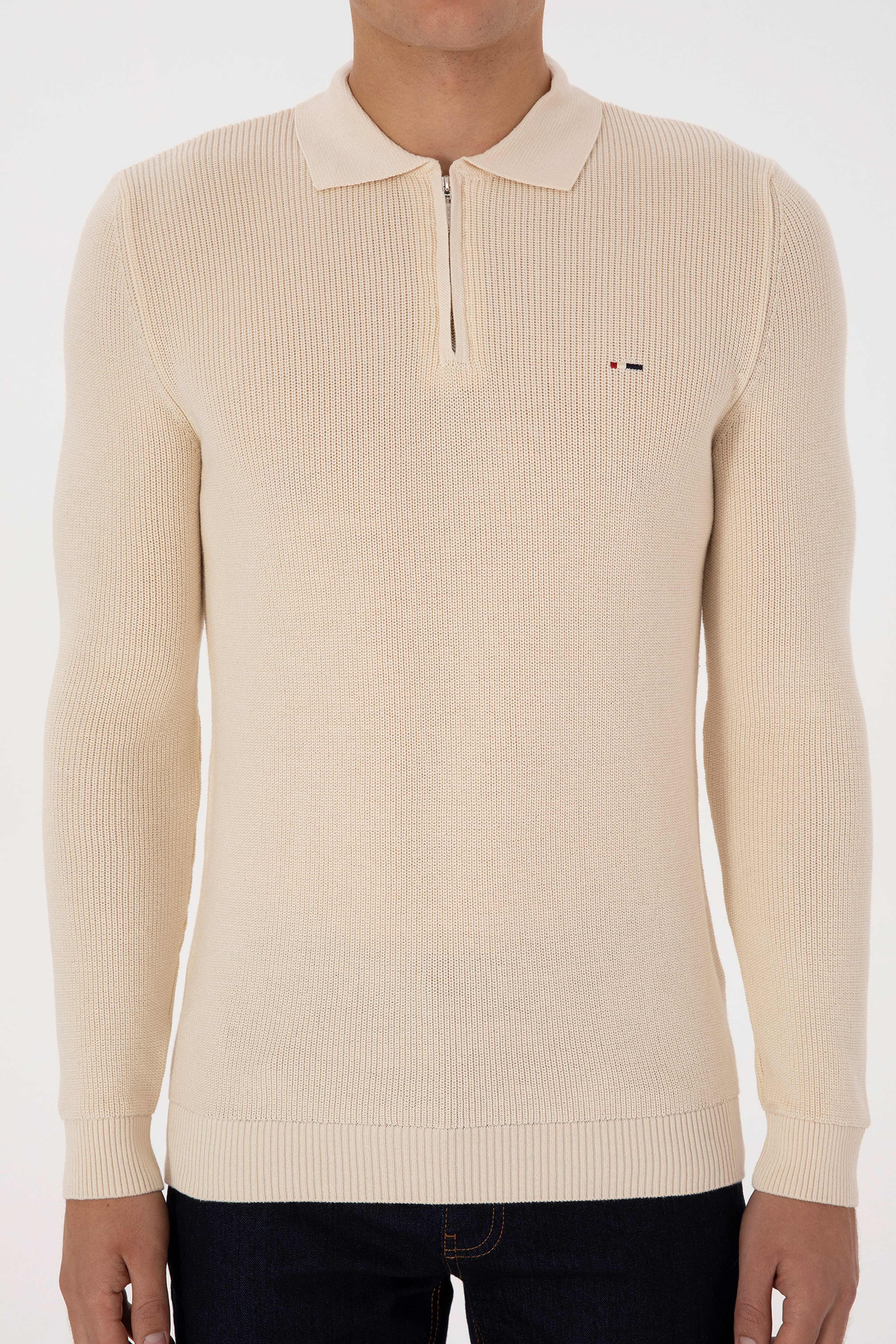 Erkek Regular Fit Yarım Fermuarlı Krem Basic Kazak - Image 6