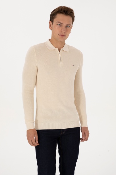 Erkek Regular Fit Yarım Fermuarlı Krem Basic Kazak