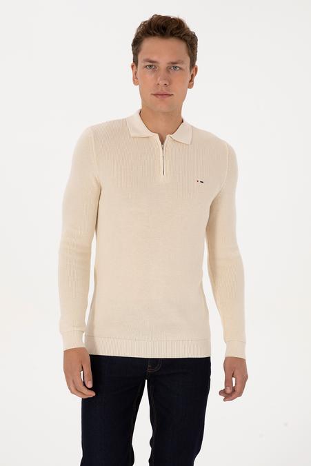 Erkek Regular Fit Yarım fermuarlı Krem Basic Kazak