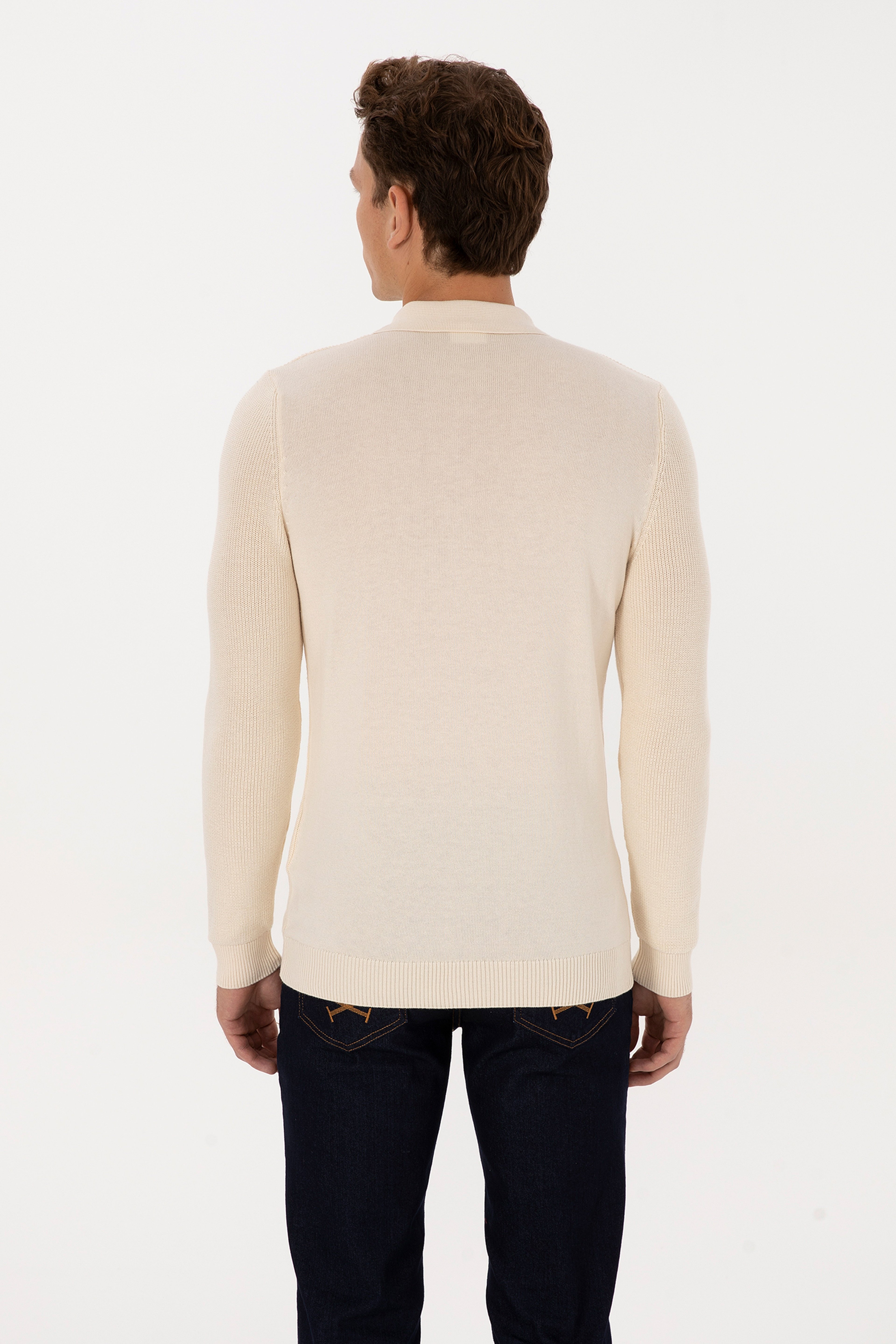 Erkek Regular Fit Yarım Fermuarlı Krem Basic Kazak - Image 5