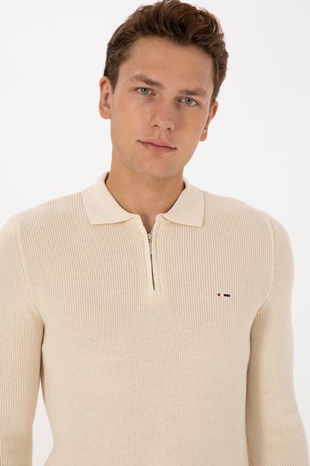 Erkek Regular Fit Yarım fermuarlı Krem Basic Kazak