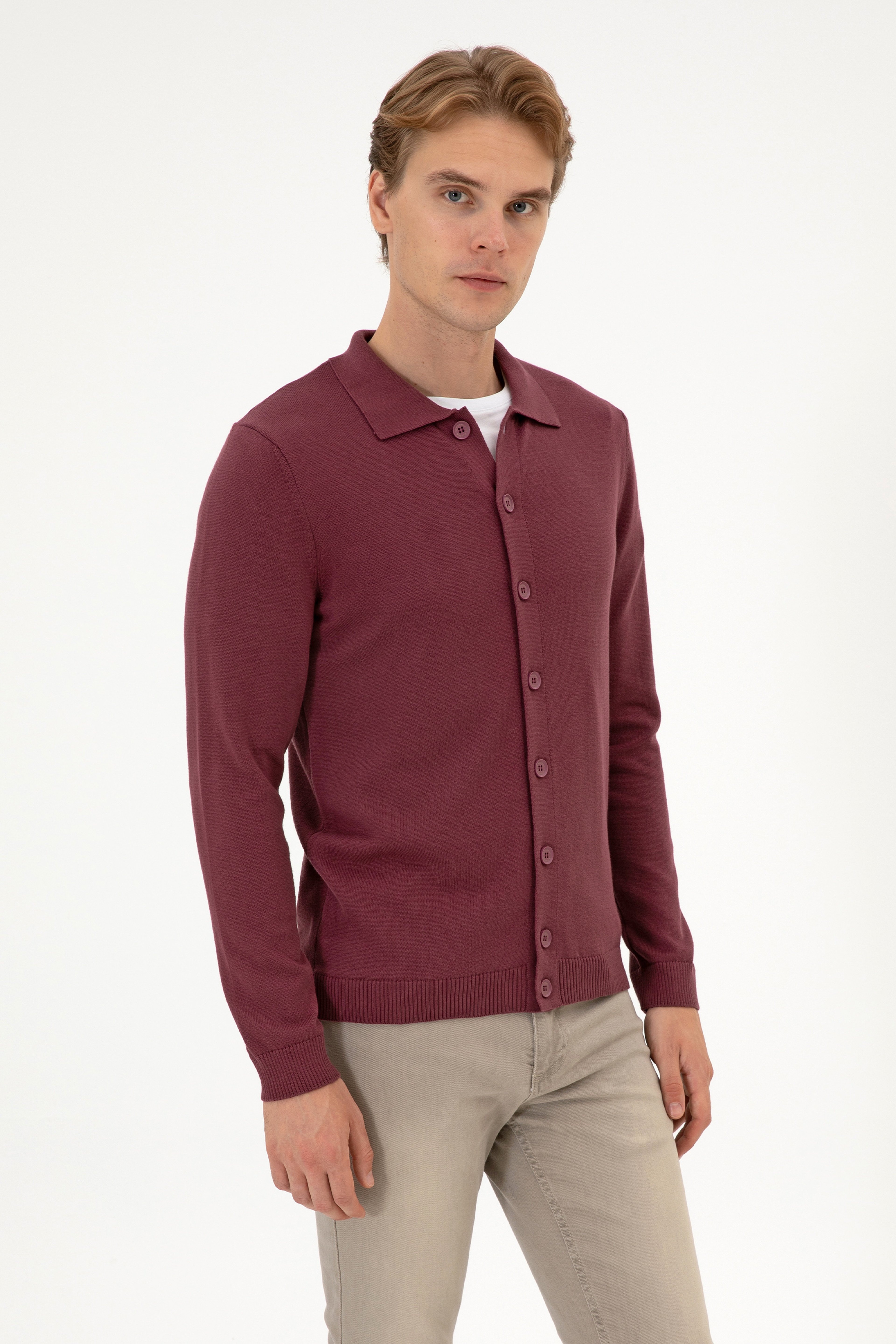Erkek Polo Yaka Bordo Basic Triko Hırka