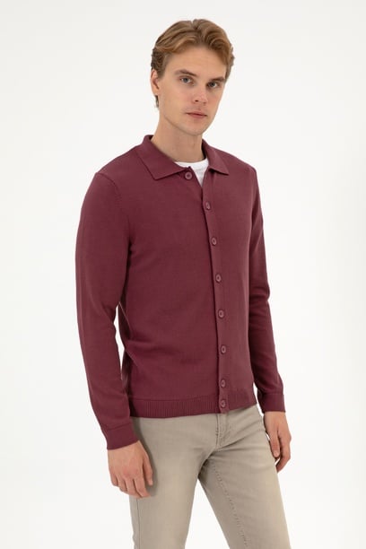 Erkek Polo Yaka Bordo Basic Triko Hırka