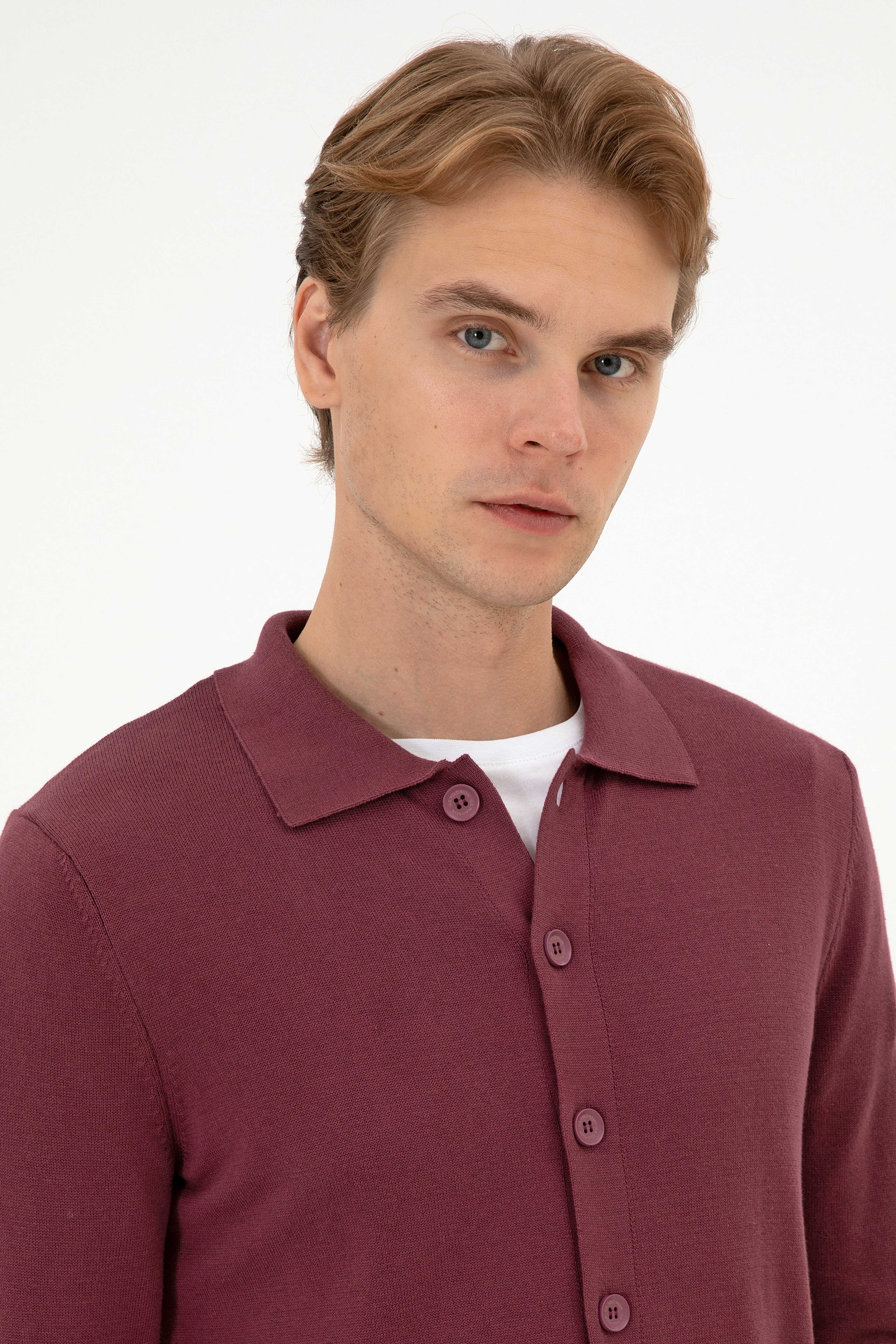 Erkek Polo Yaka Bordo Basic Triko Hırka - Image 2