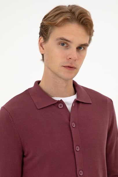 Erkek Polo Yaka Bordo Basic Triko Hırka
